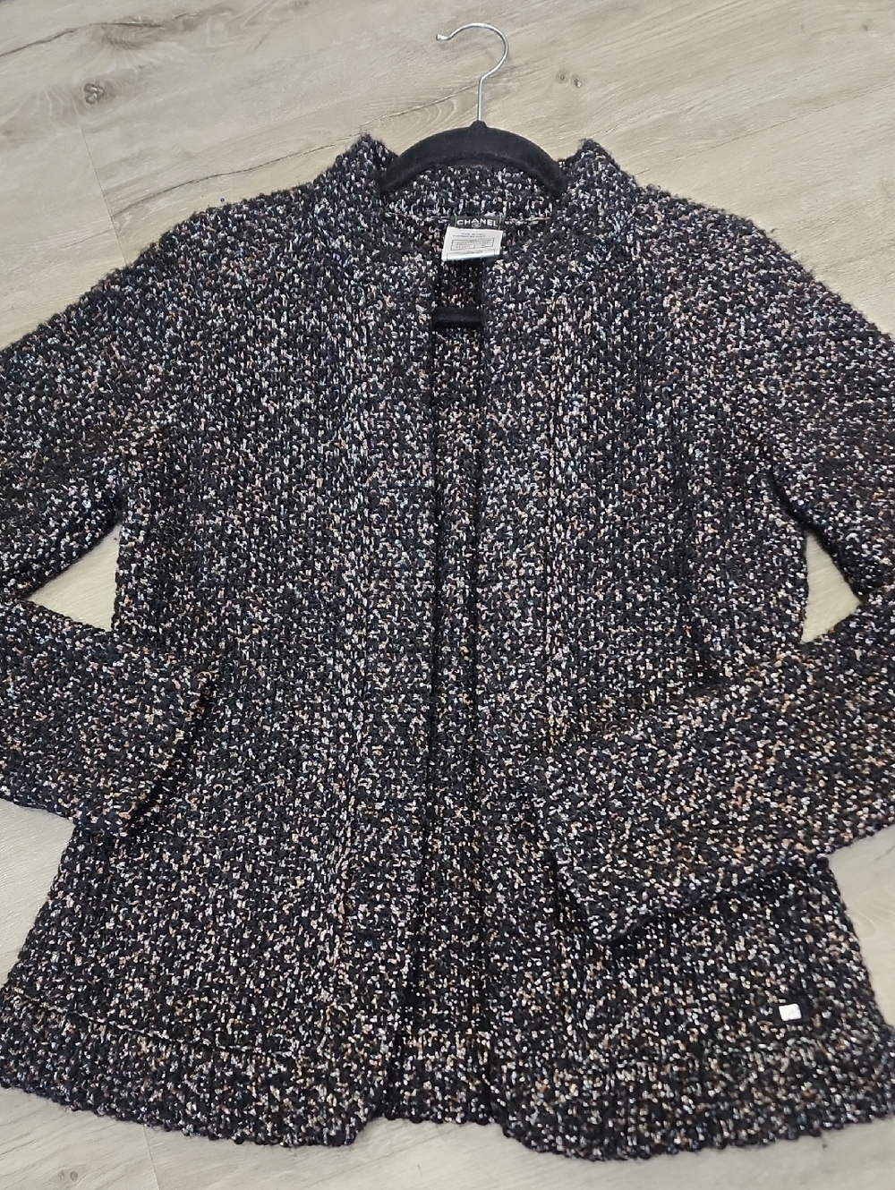 CHANEL Black Bouclé Jacket with Cream & Pink Accents Cardigan